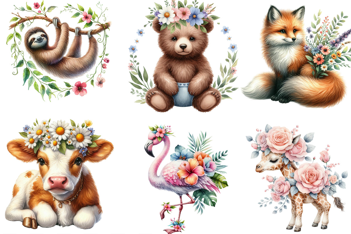 Floral Animals Clipart, an Illustration by Designking (Photo 2 of 5)