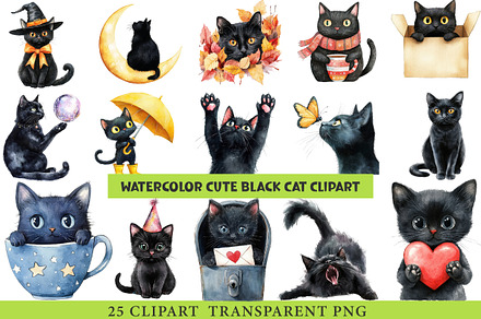Watercolor Cute Black Cat Clipart