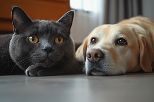 Serious British cat and Labrador dog, a Photo by Pavel_design