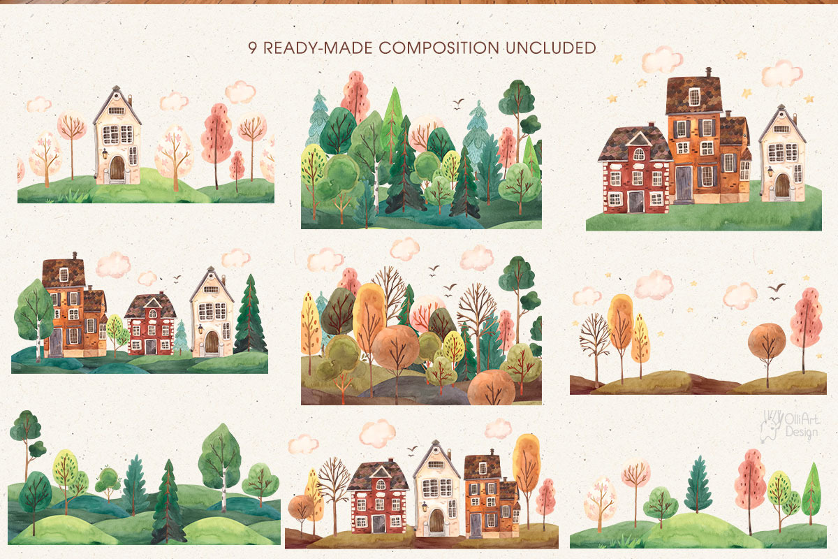 HOUSES AND TREES. Watercolor clipart, an Object Illustration by OlliArtDesign (Photo 4 of 5)