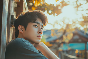 Thoughtful young Korean man gazing, a Photo by Pavel_design