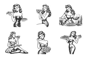 Pin Up Women With Pizza engraving, a Food Illustration by AlexArt