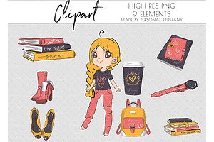 Cute planner girl clip art, journal