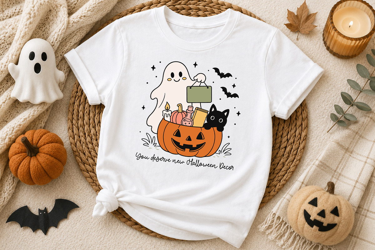 Cute Ghost with Pumpkin Decor PNG, a Seasonal Illustration by Designworld (Photo 2 of 4)