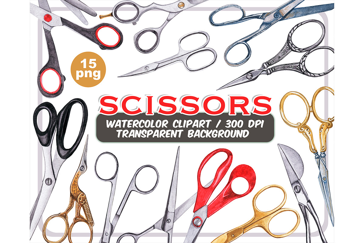 Watercolor vintage scissors clipart, an Object Illustration by ArtfulStudio (Photo 1 of 8)