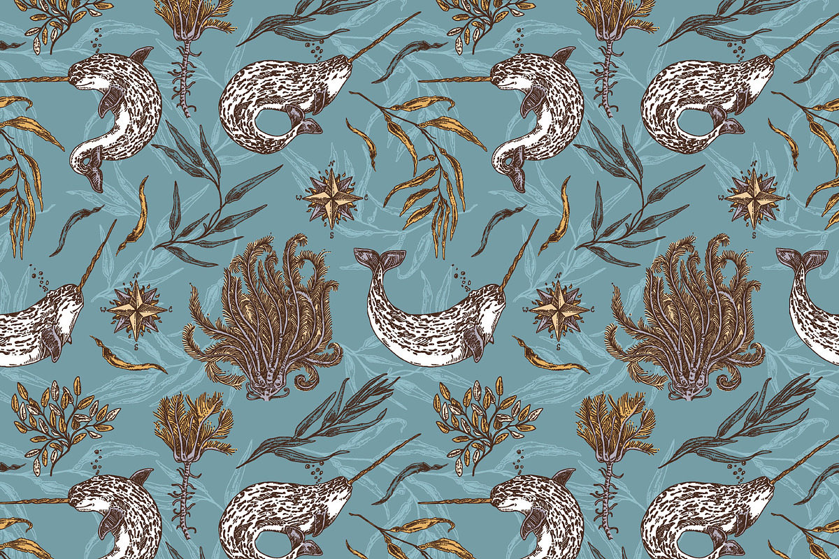 Narwhals. Seamless patterns., a Pattern Graphic by Kseniakrop (Photo 2 of 7)