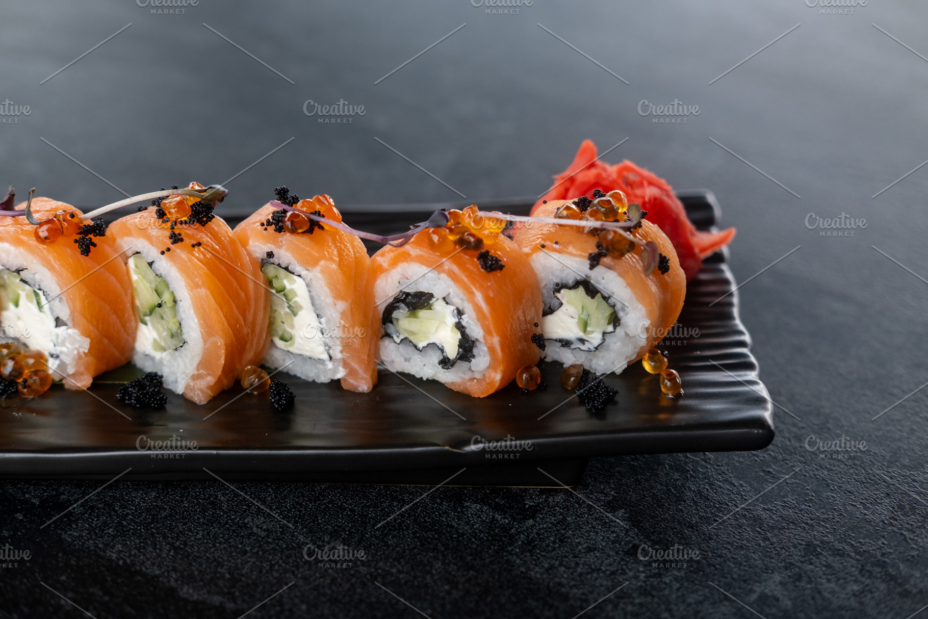 Fish menu japanese food sushi roll served ginger, a Food & Drink Photo by Photo Drive Studio
