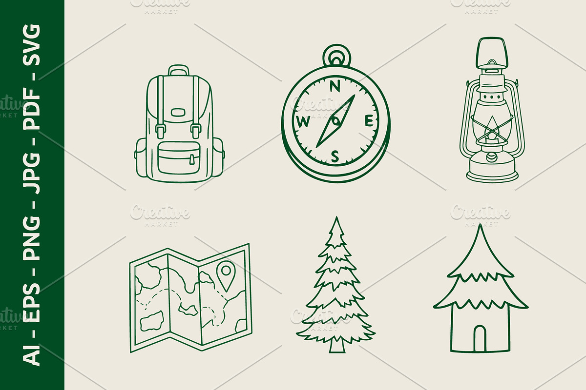 Camping Elements Line Art Collection, an Object Graphic by nandinigraphics (Photo 1 of 3)
