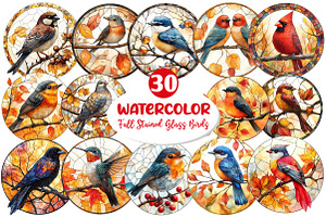 Fall Stained Glass Birds Clipart, an Illustration by Dream Creation