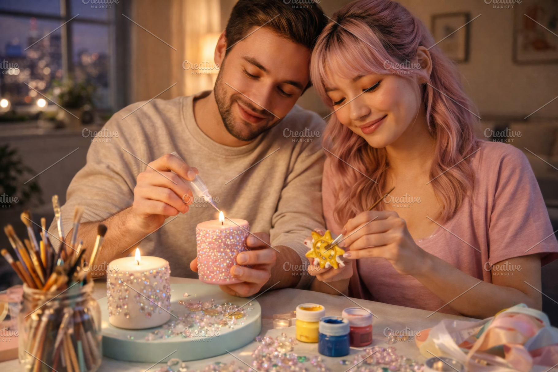 Young couple enjoying a shared crafting hobby with candles at ho, a Photo by Dvoevnore photos