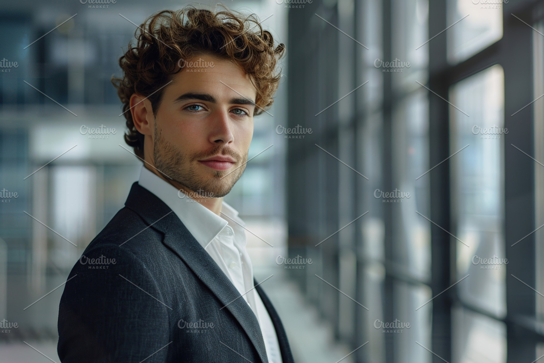 Young businessman in business suit standing on blurred office background, a Business Photo by AlyaAnd