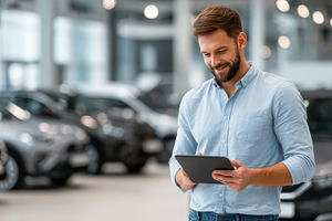 Salesman using tablet in car showroo, a Photo by Pixeness Studio