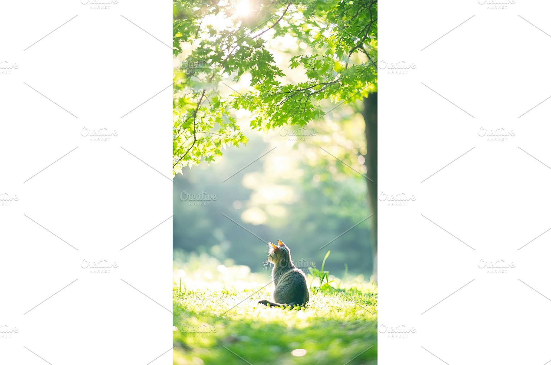 Serene cat relaxing in sunlit forest, an Animal Photo by Lermont51
