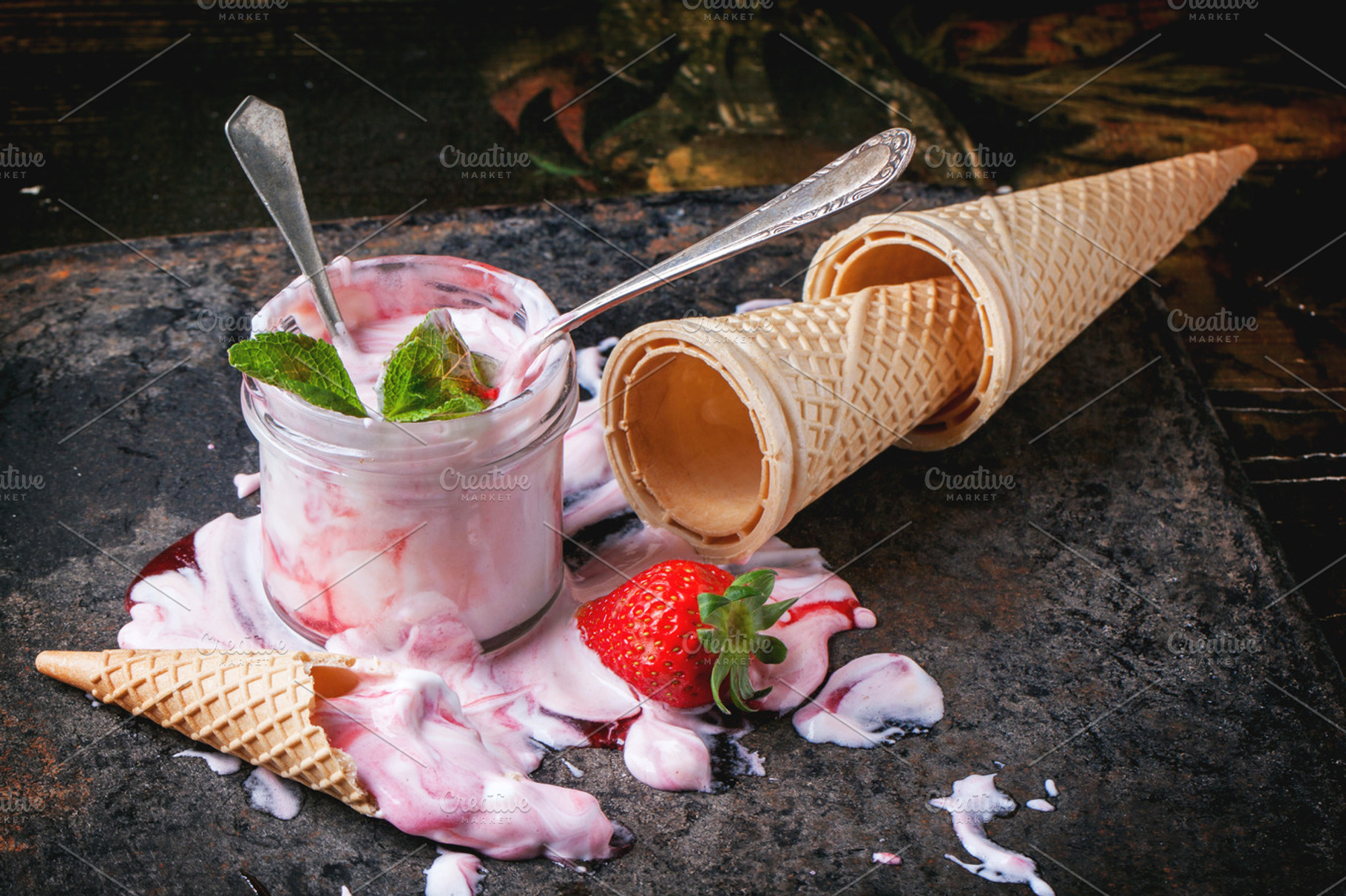 Strawberry ice cream stock photo containing ice and cream