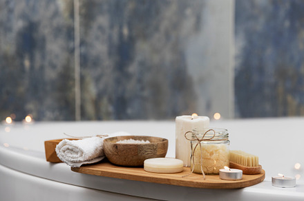 Hotel spa treatment or home bath procedure. Bathroom with accessories on tray, a Health & Medical Photo by Lenor4ik
