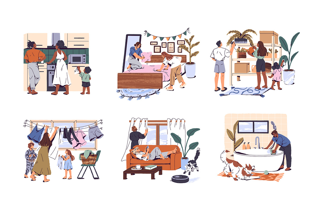 People cleaning home together set, a Person Illustration by PaperTrident (Photo 1 of 9)