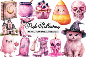 Watercolor Pink Halloween Clipart, an Illustration by Daily.Designs