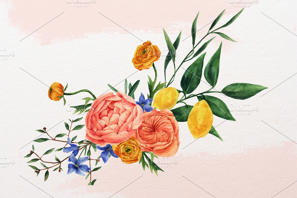 Set of flowers and citrus, a Decorative Illustration by a_ptichkina (Photo 10 of 10)