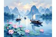 Blue Asian Waterways Guilin China Mo, a Decorative Illustration by Sharon Schwalbe (Thumbnail 2 of 2)