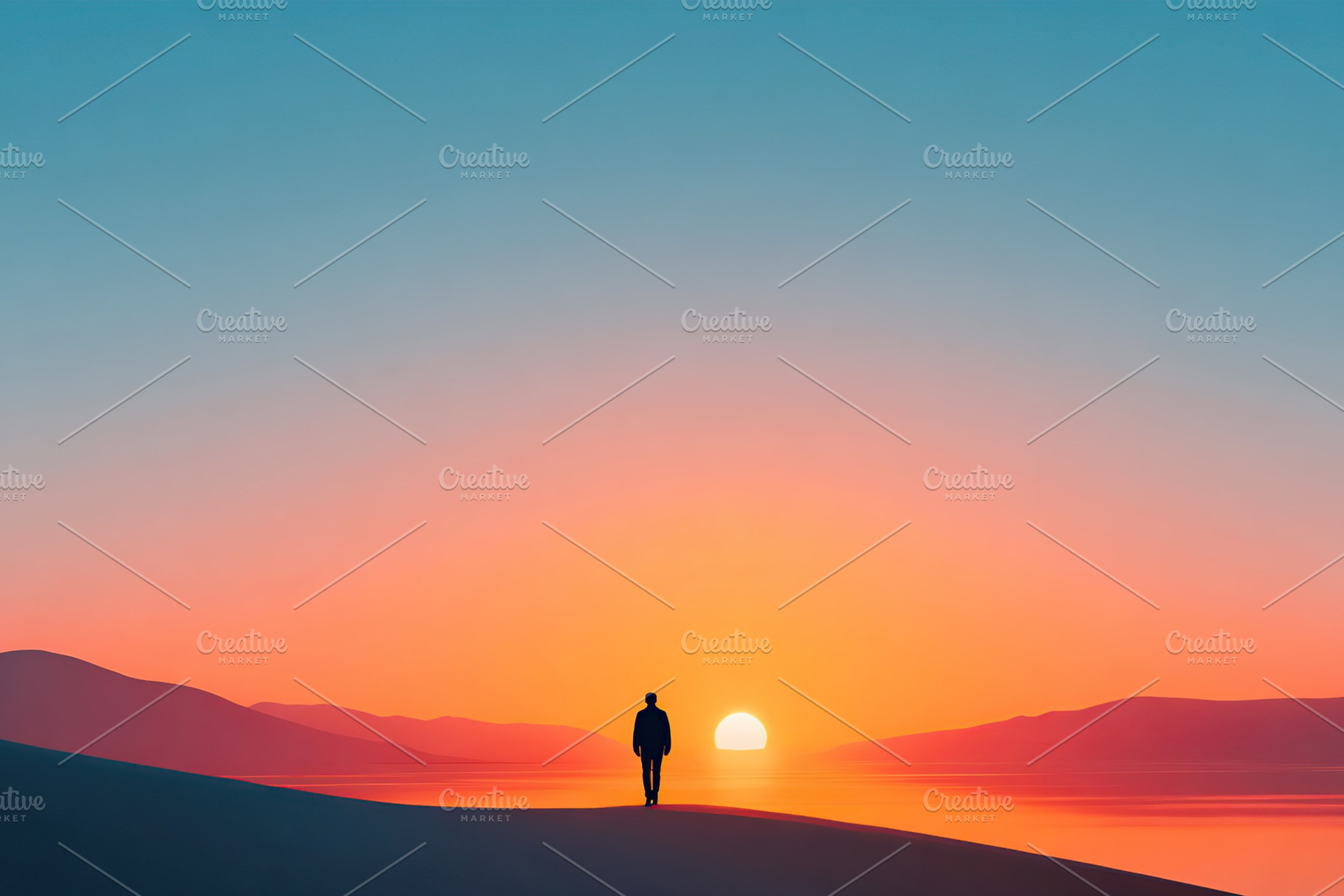 Figure standing on a hillside under a vibrant sunset over tranquil waters, a Photo by AlyaAnd