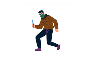 Masked criminal running with knife, a Person Illustration by pikepicture