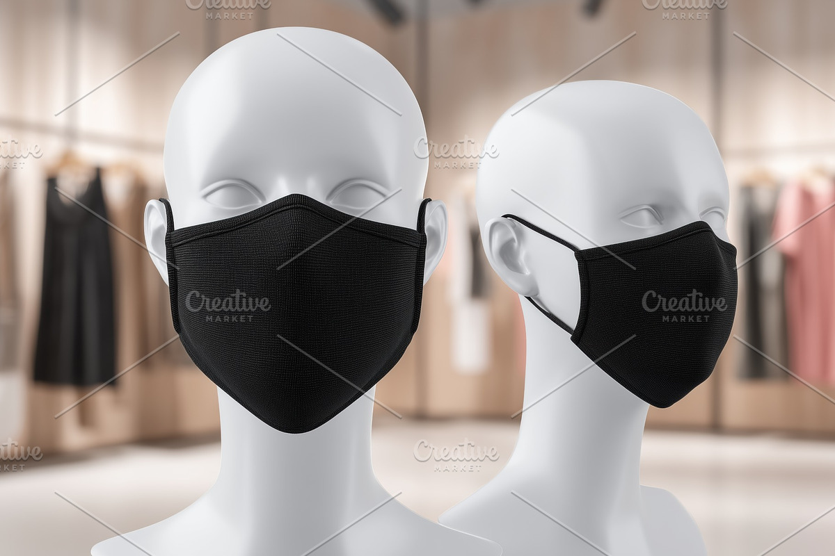 Two white mannequins wearing black face masks mockup in a clothing store settin, a Mask Mockup by Textures & Backgrounds