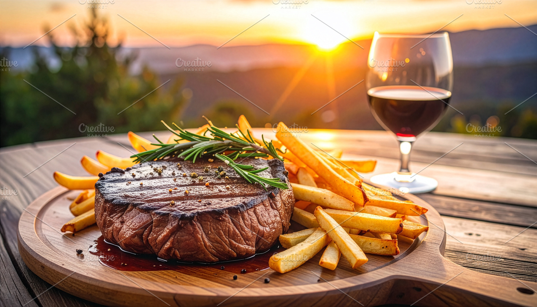 Juicy steak with golden fries on a rustic table, highlighted by the warm glow o, a Food & Drink Photo by DutchDigitalDesign