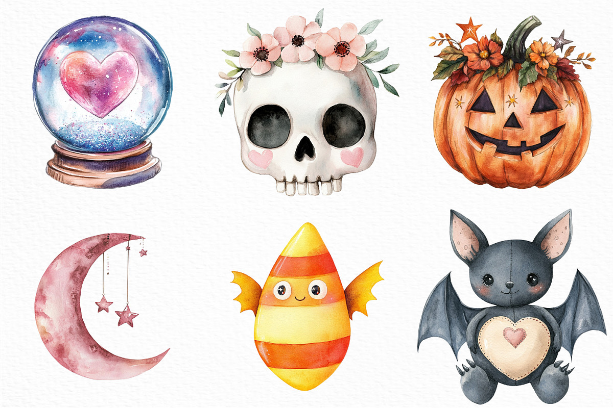 Watercolor Dreamy Cute Halloween PNG, an Illustration by Craft Nest (Photo 2 of 6)