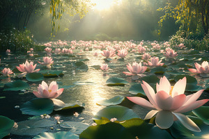A tranquil pond filled with blooming, a Photo by Pixeness Studio