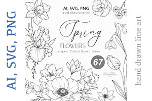 Spring Flowers Line Art, a Decorative Illustration by CaraulanStore