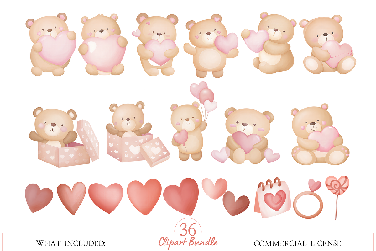 Watercolor Valentine Bear Clipart, an Illustration by MockupWizard (Photo 2 of 5)