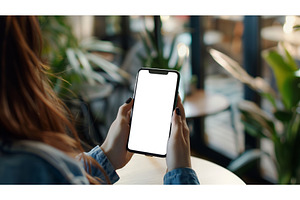 Woman Sitting at Table Holding Cell, a Technology Photo by CREATIVEDEF