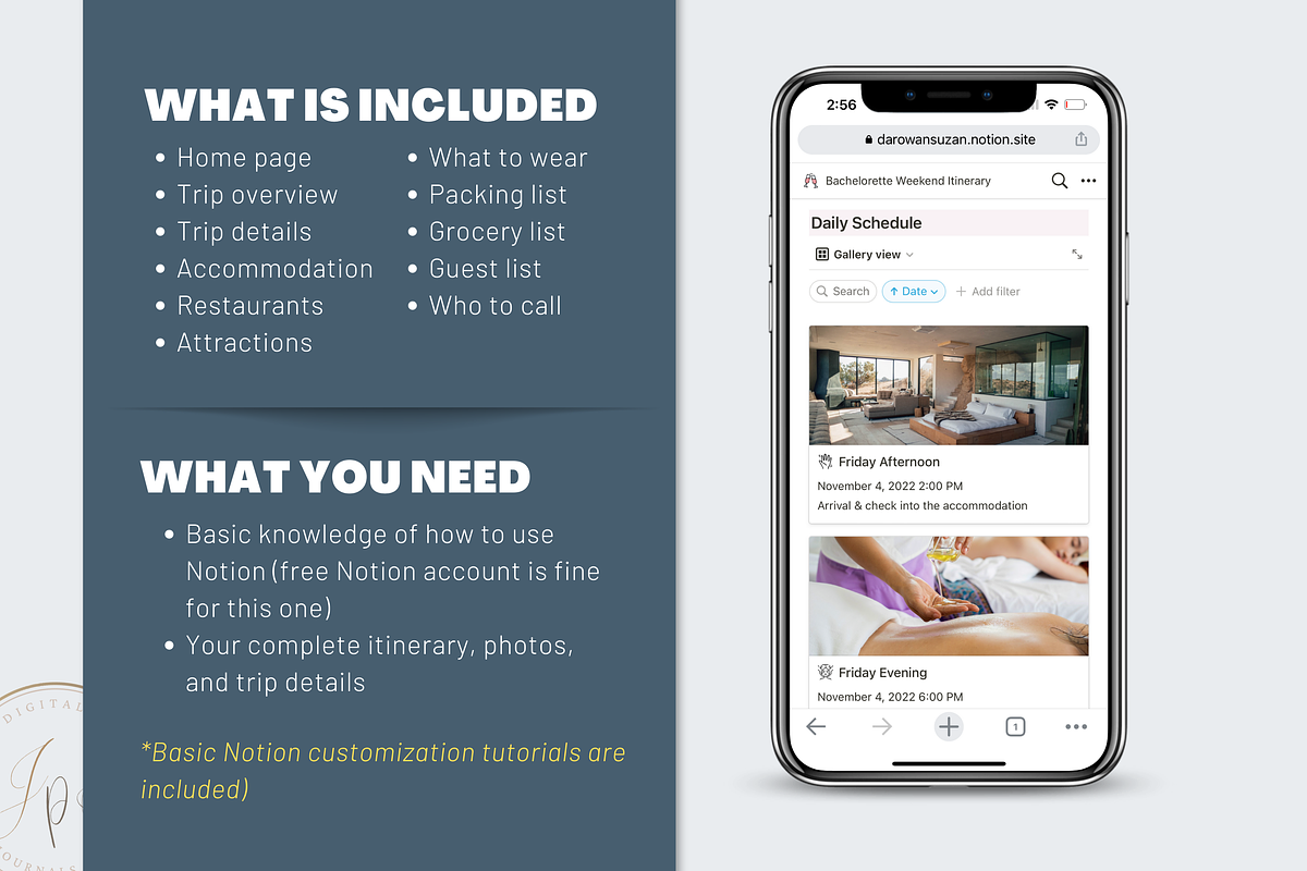 Bachelorette Itinerary in Notion, an App Template by Designs by Darowan (Photo 8 of 10)