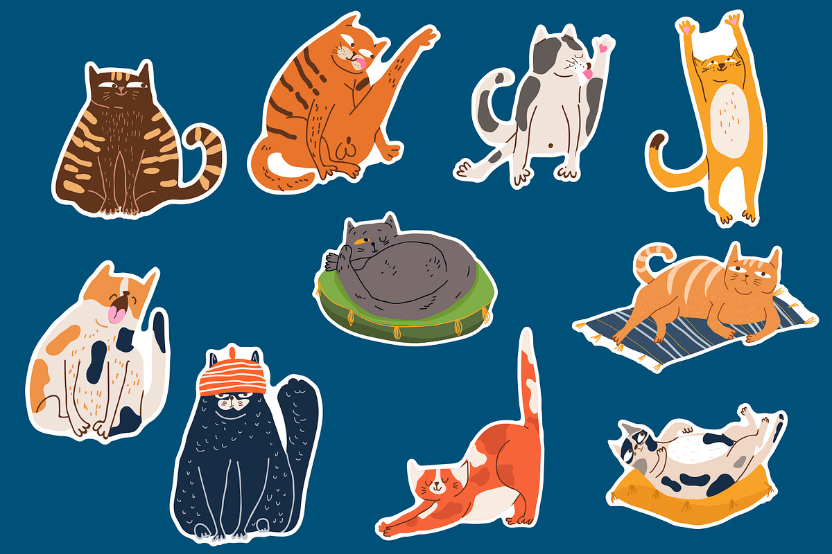 Funny fat cats sticker pack vector, an Illustration by NataLyaroArt (Photo 1 of 4)