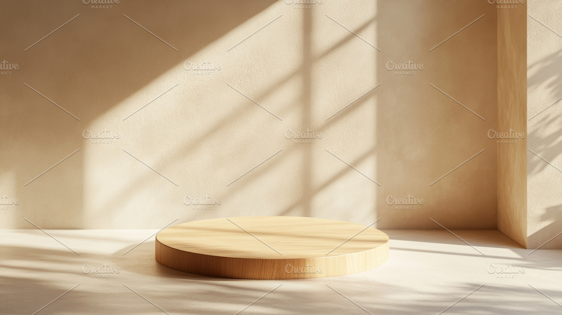 Wooden Display Pedestal in Warm Minimalist Interior, an Abstract Photo by Natalia Klenova's Shop