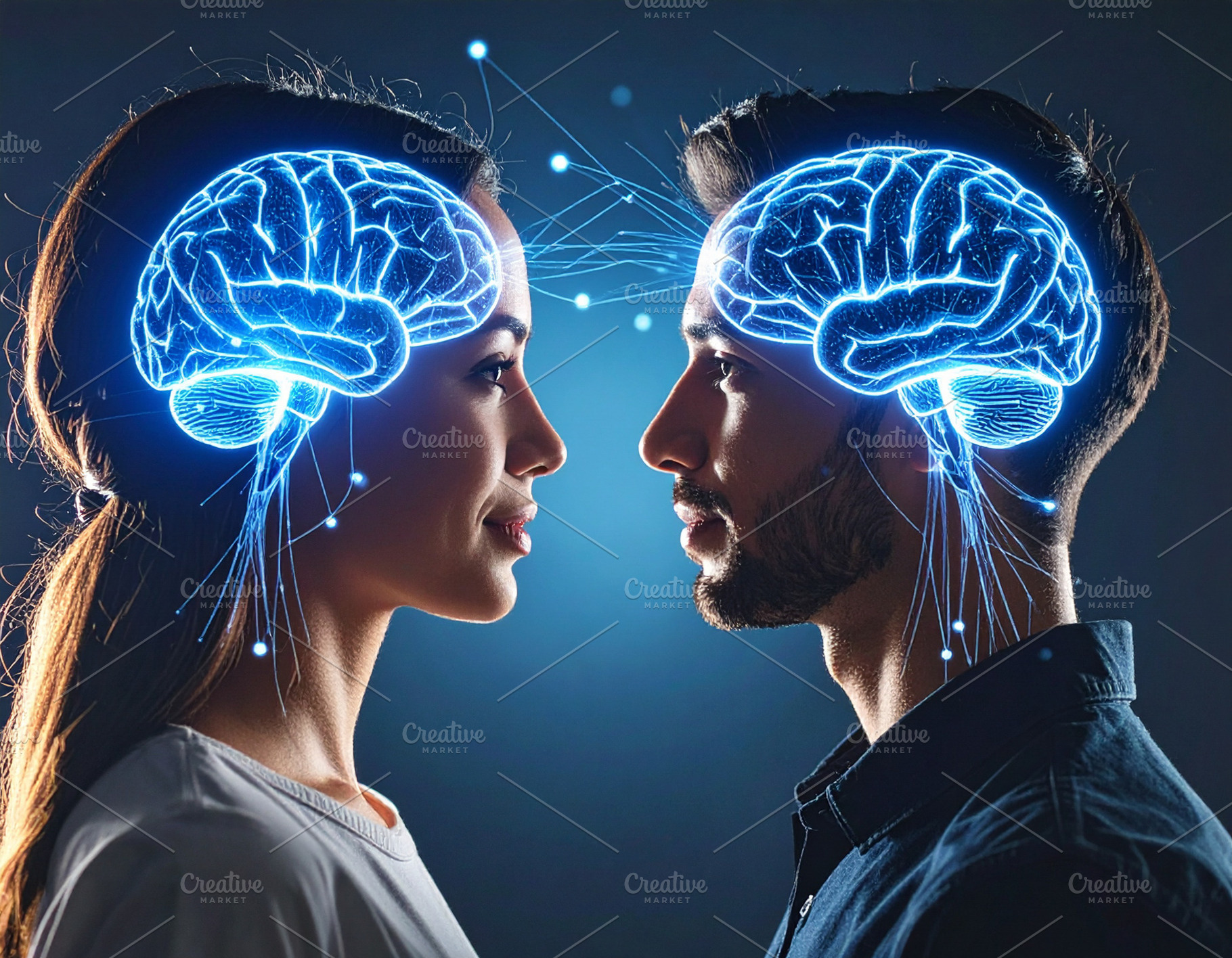 Two people facing each other with glowing brain icons connected, a School & Education Photo by DanFLCreativo