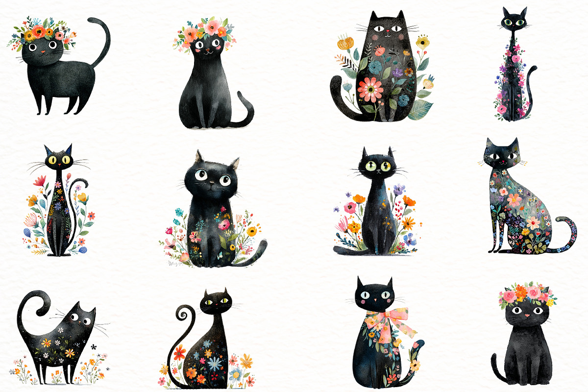 Quirky Whimsy Spring Cat Clipart, an Illustration by Designworld (Photo 3 of 5)