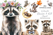 Watercolor Raccoon & Kit Clipart, an Illustration by CreationArt (Thumbnail 1 of 5)