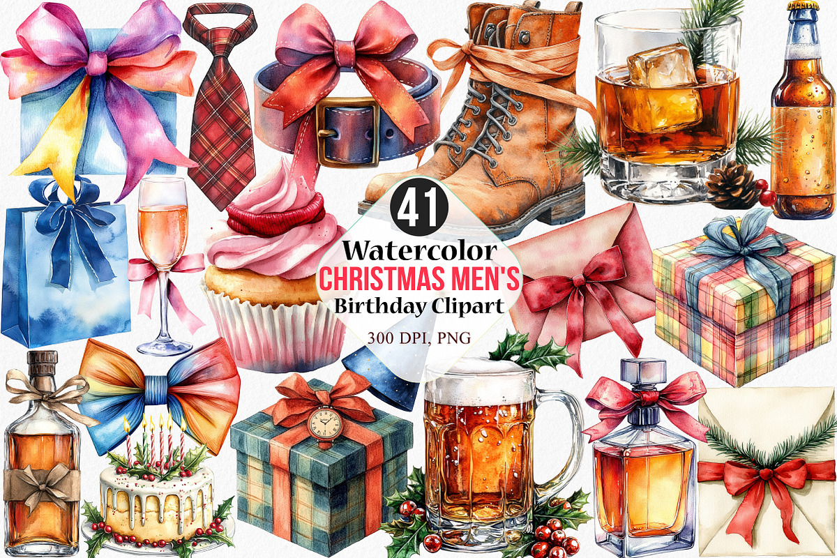 Watercolor Christmas Men's Birthday, an Illustration by Canvas Craft (Photo 1 of 8)