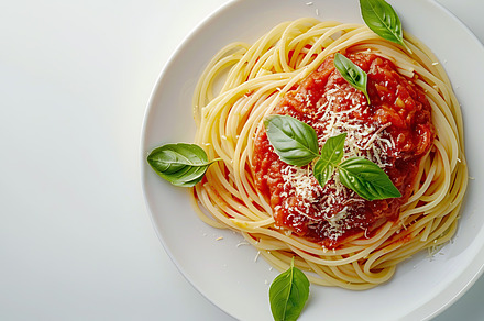 A plate of spaghetti topped with tom, a Photo by LOGOCREATIVE