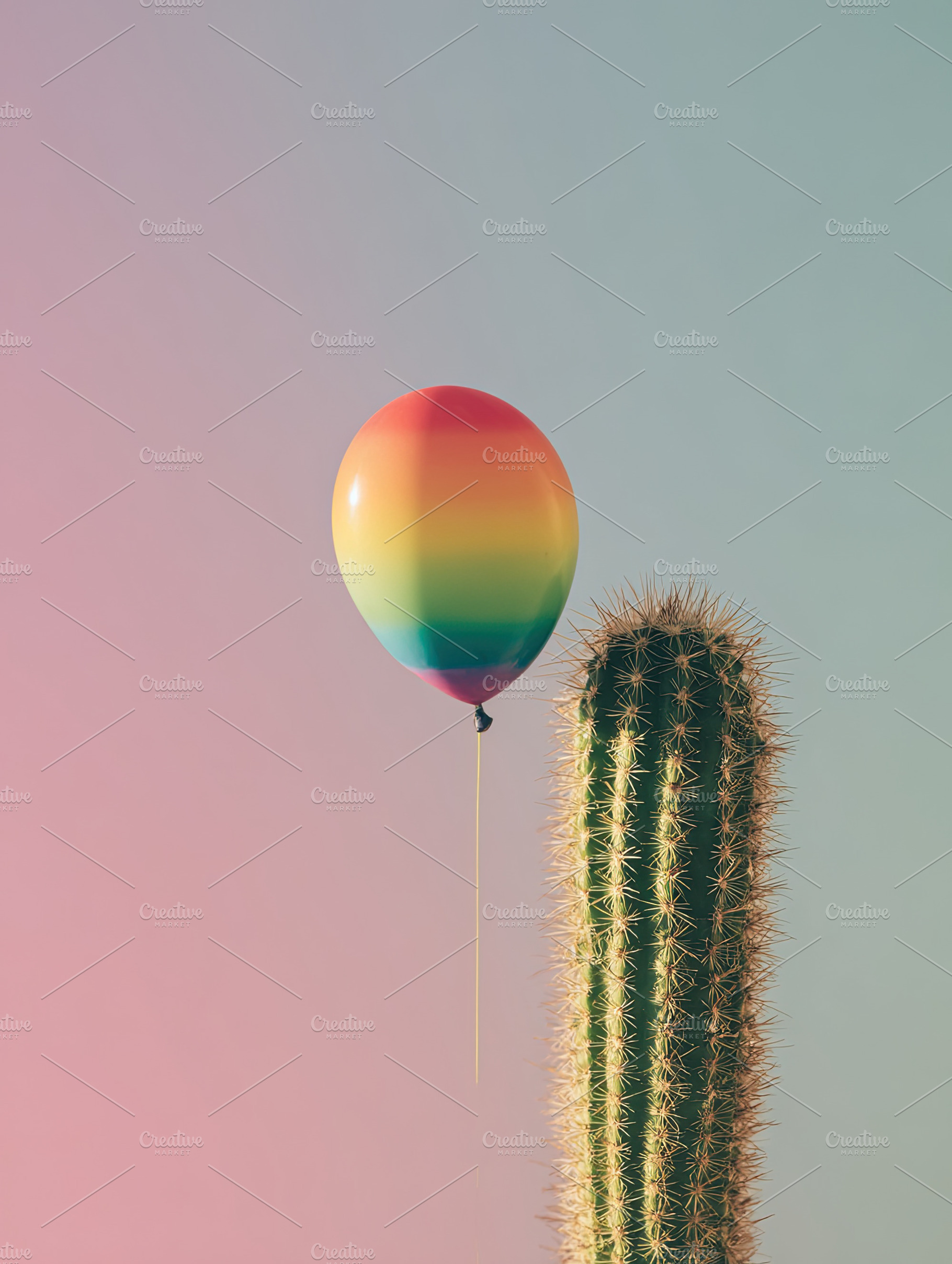 Colorful rainbow balloon floating beside a tall cactus on a past, an Abstract Photo by Ales Munt