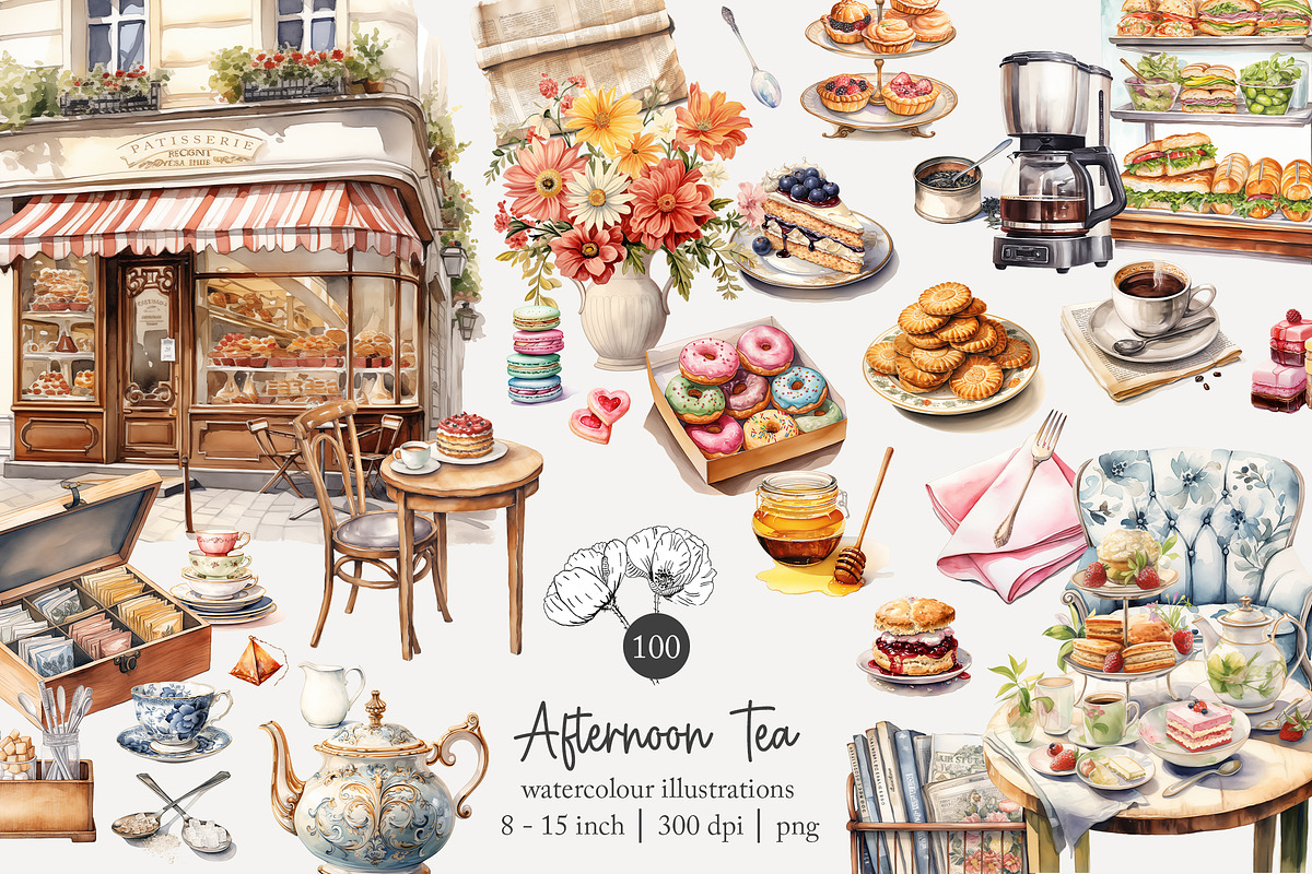 100 afternoon tea clip art, a Food Illustration by Poppy Lane Studio (Photo 1 of 13)