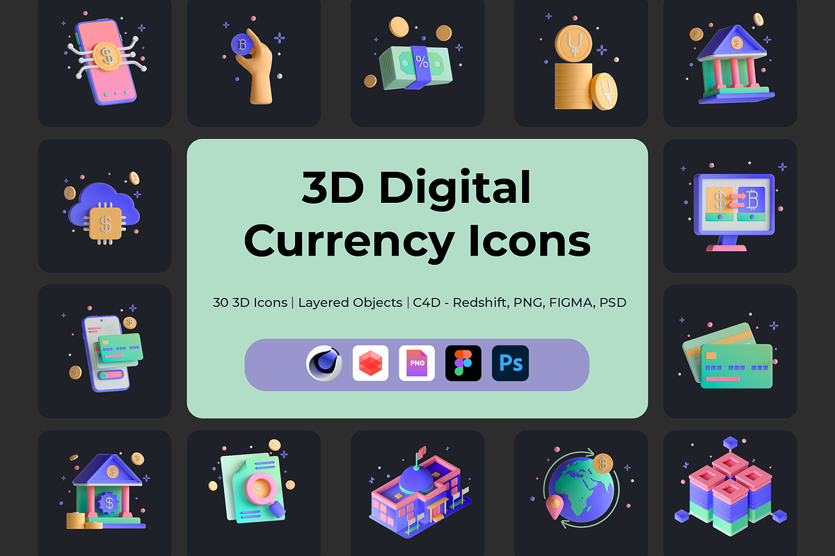 Digital Currency 3D Icon Set, a 3D by Flat Icons (Photo 1 of 8)