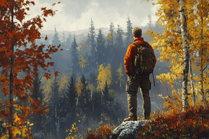 A lone forester hiker stands on a rock, overlooking a misty forest filled with, a Person Photo by Textures & Backgrounds