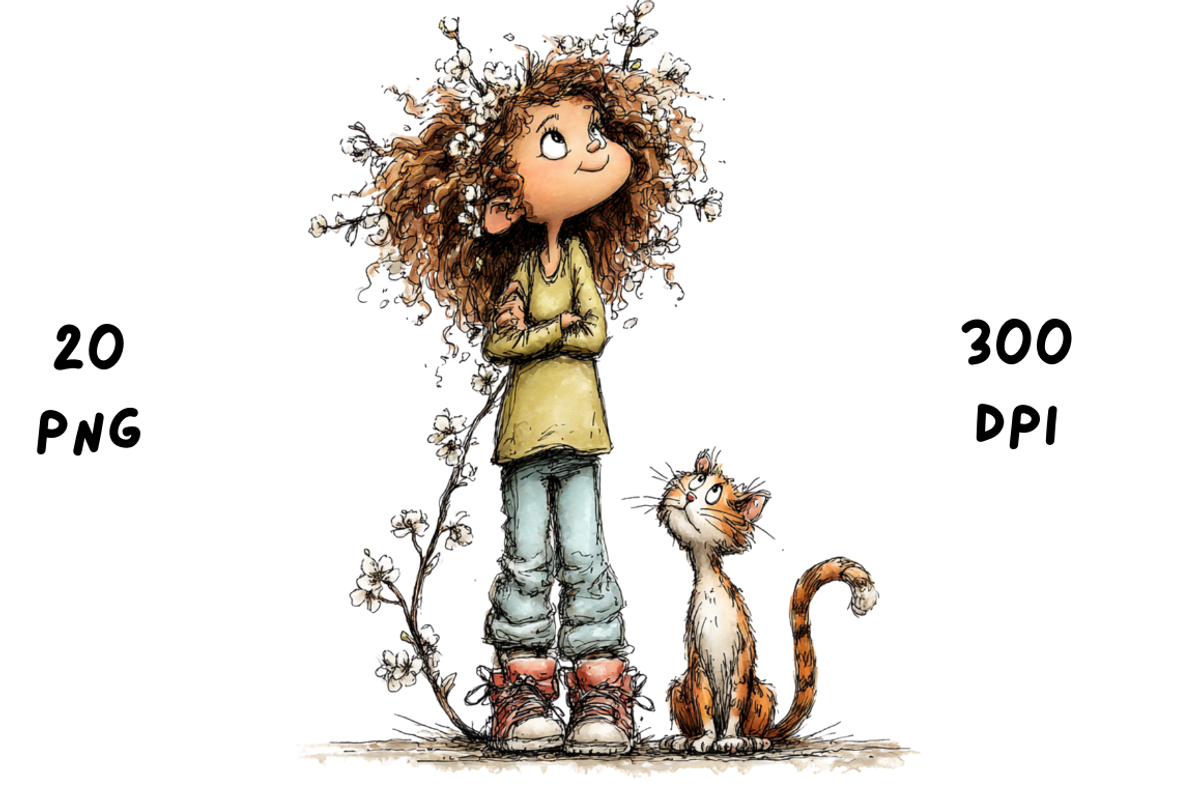 Whimsical Floral Girl & Kitten, an Animal Illustration by GiraffeCreative (Photo 14 of 20)