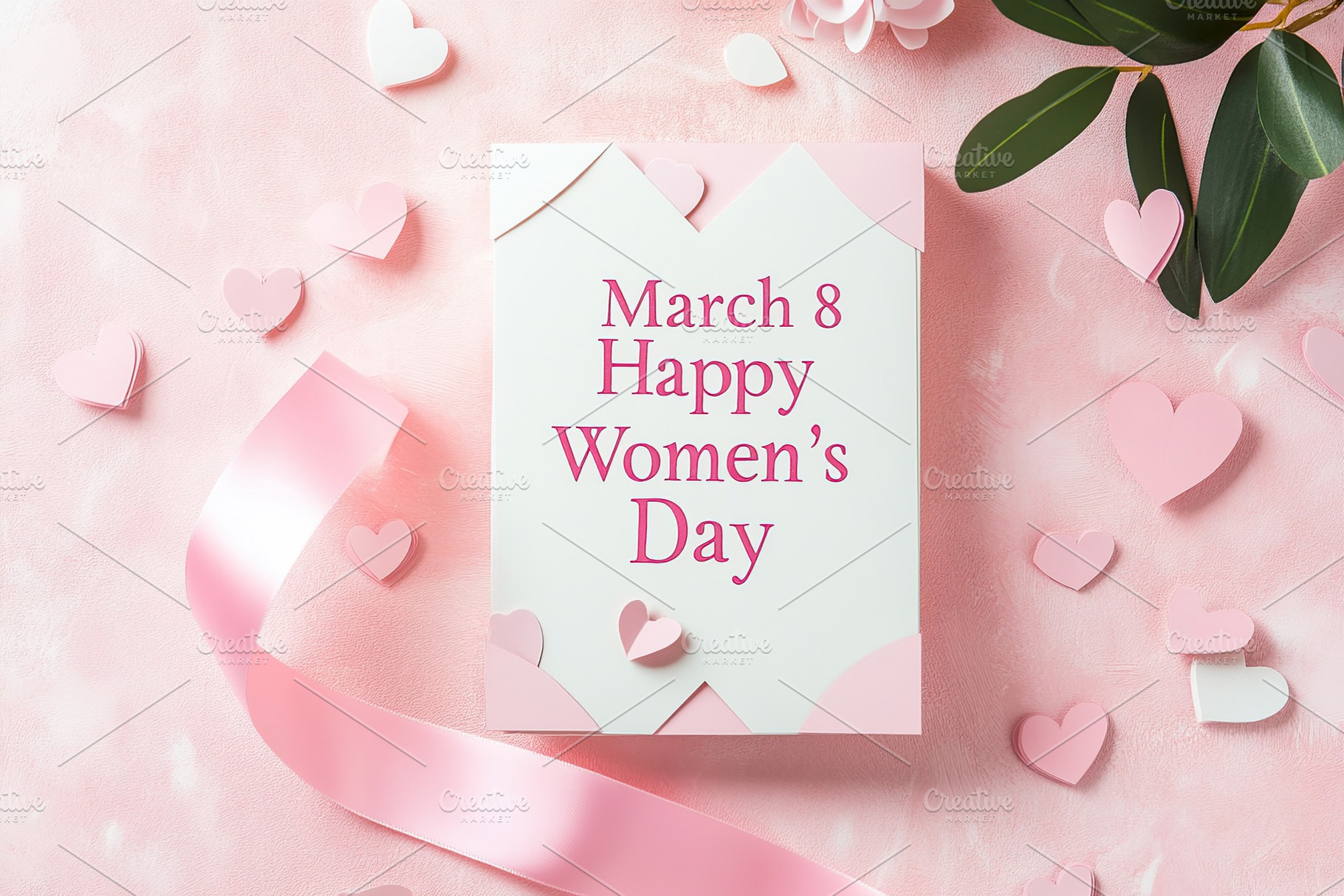 Happy Women's Day with pink paper hearts and green leafs, a Background Photo by AlyaAnd