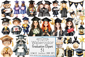 Watercolor Graduation Clipart, a Seasonal Illustration by Design Market