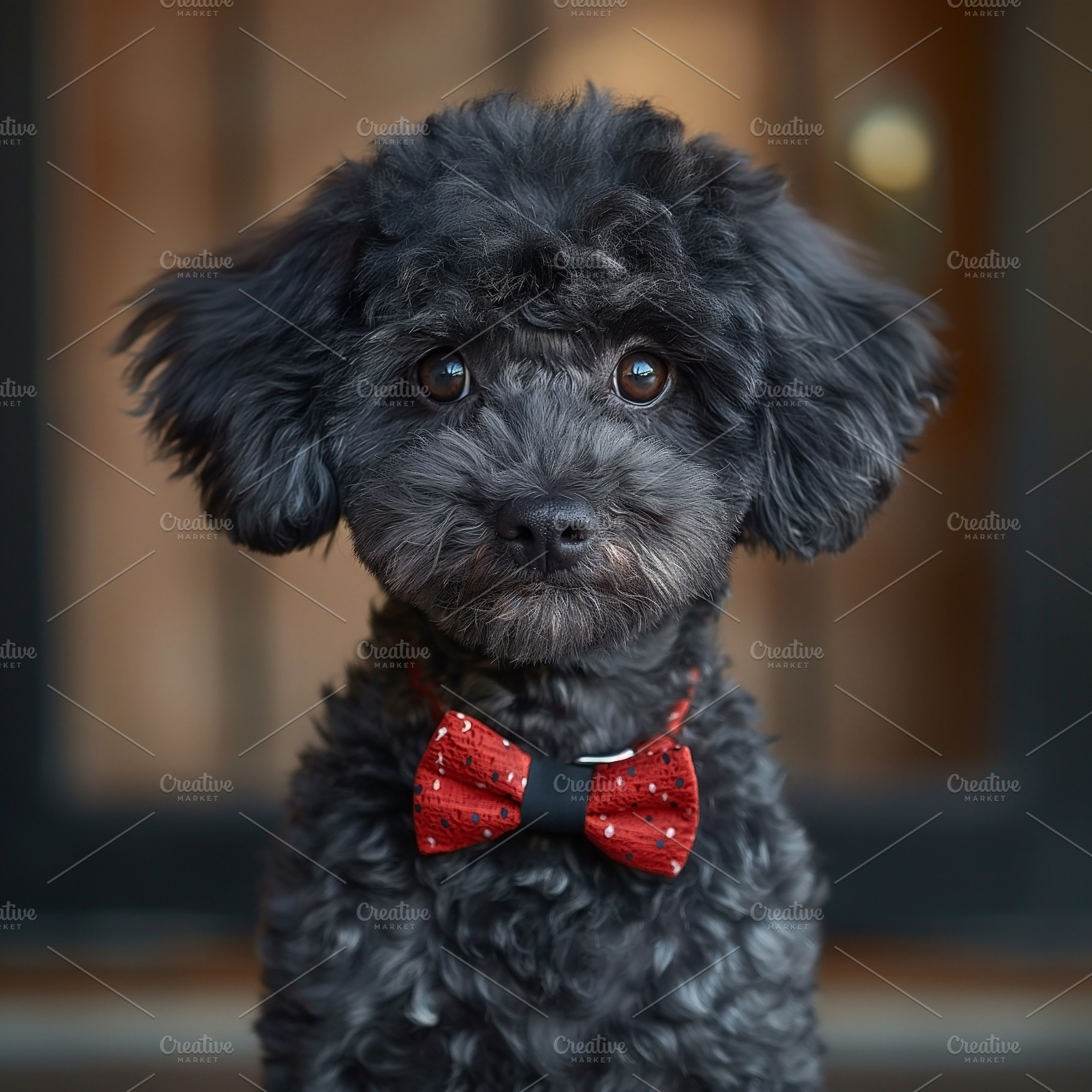 A small, fluffy black dog with big, expressive eyes, wearing a festive red bow, an Animal Photo by ImageMir