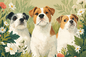 Three happy puppy dogs sitting in a summer meadow, surrounded by colorful wildf, an Illustration by Studio ANNA