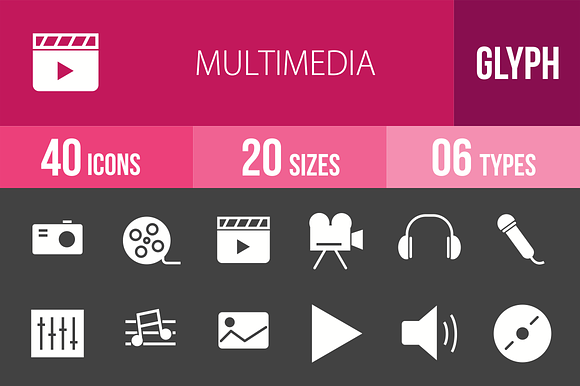 40 Multimedia Glyph Inverted Icons